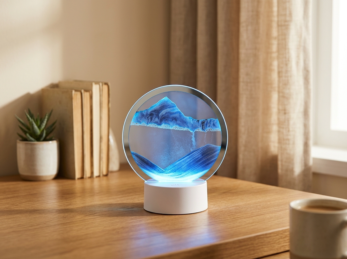 Lámpara de arena 3D Duna sobre escritorio de madera, ambiente cálido y relajante