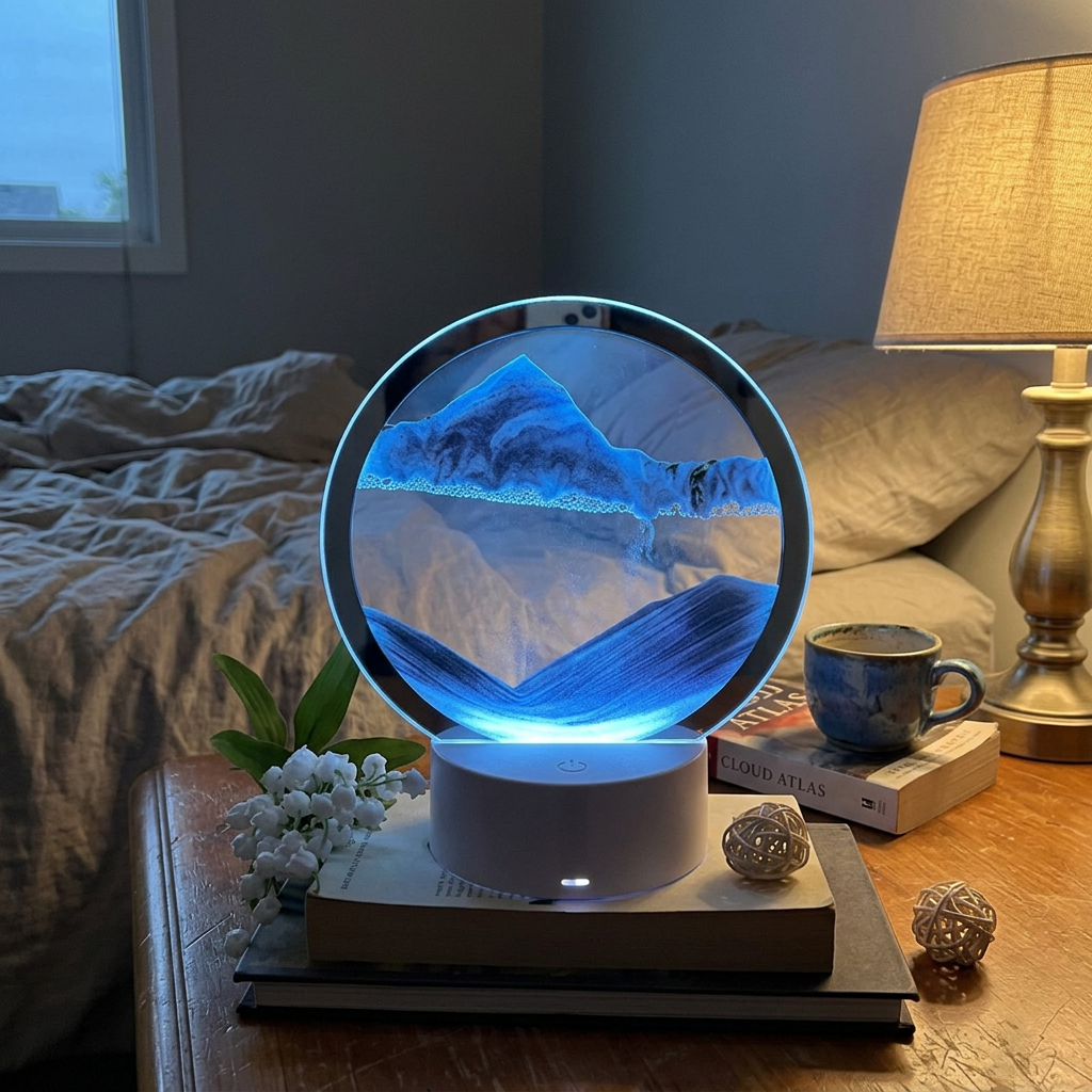 Lámpara de arena 3D Duna encendida en una mesita de noche, ambiente real y acogedor