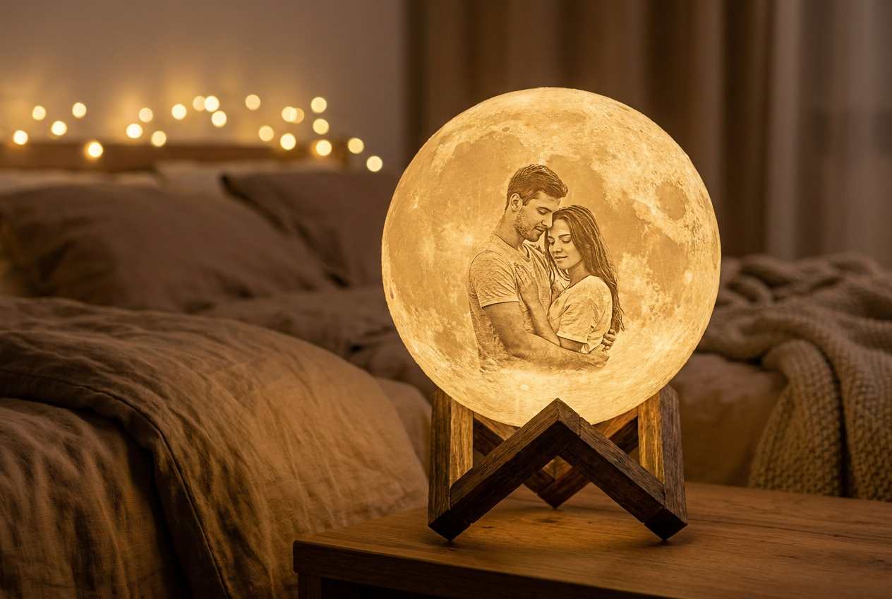 Lámpara luna personalizada con pareja abrazada, dormitorio acogedor